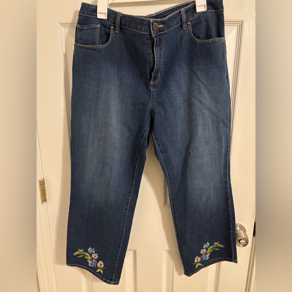Susan Graver Dark Blue Embroidered Hem Women’s Jeans - Size 16